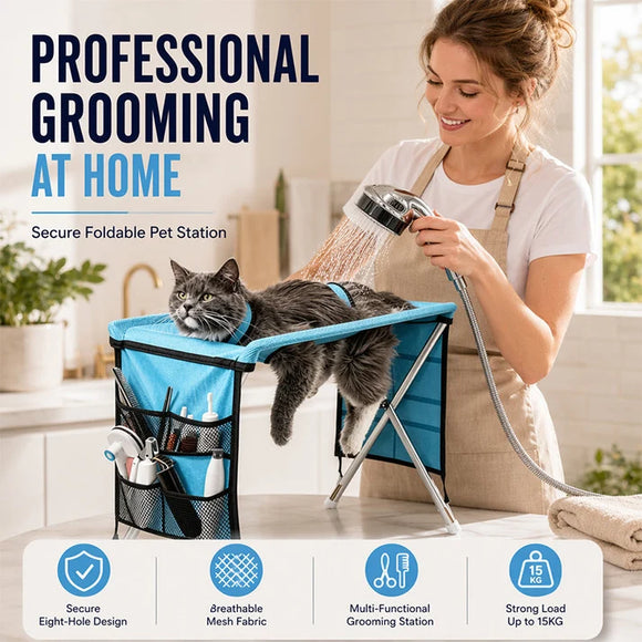 2-in-1 foldable pet grooming bed with secure straps